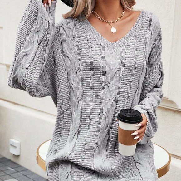 Grey Casual Womens Cable Knit Drop Shoulder V Neck Sweater - Picture 3 of 5